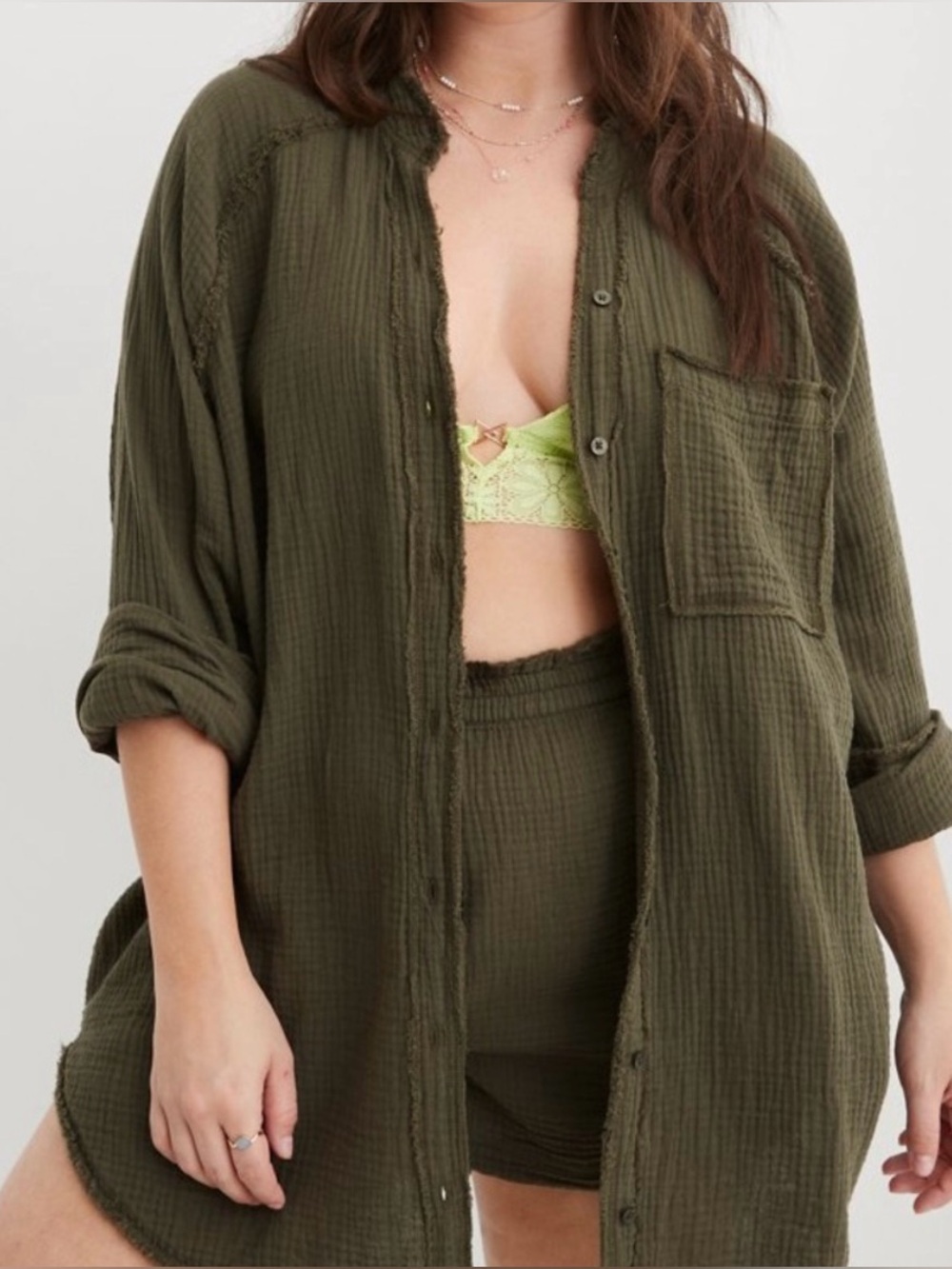 Aerie Pool to party gauze button down in olive fun
